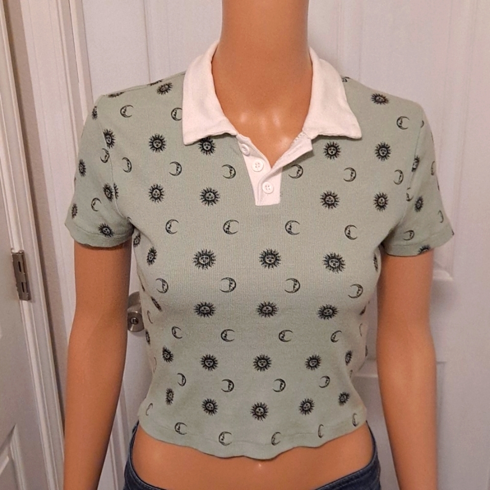 Forever 21 Mint Green Crop Top with Sun and Moon Design and White Collar